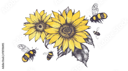 Puffy bumblebees or Bees flying towards yellow sunflow