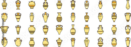 Amphora icons set outline vector. Vase pottery. Greek jar thin line color flat on white
