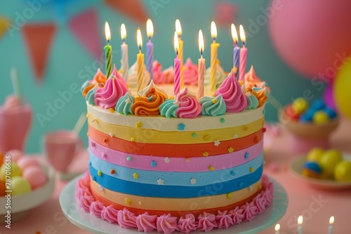 Colorful birthday cake with lit candles in a festive setting