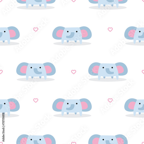 Seamless pattern with cute elephan and heart outline. Background with wild animals in a flat style. Illustration for kids