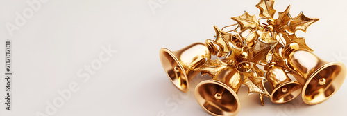 Gold Christmas Bells With Reindeer And Ribbon Including Ringer For Jingle on white background. 