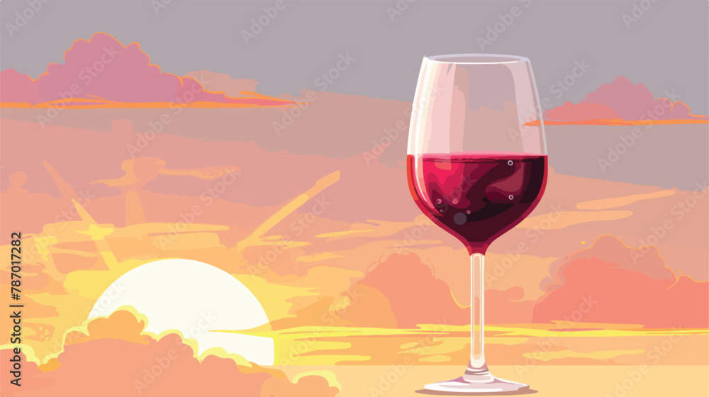 Glass of cherry red wine in sunset sky flat vector