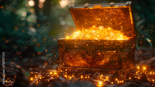 Enchanted treasure chest overflowing with sparkling gold coins amidst mystical lights. photo