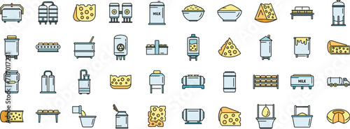 Cheese production icons set outline vector. Milk food. Making butter thin line color flat on white