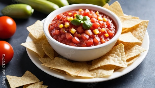 Red tomato spicy salsa with corn chips