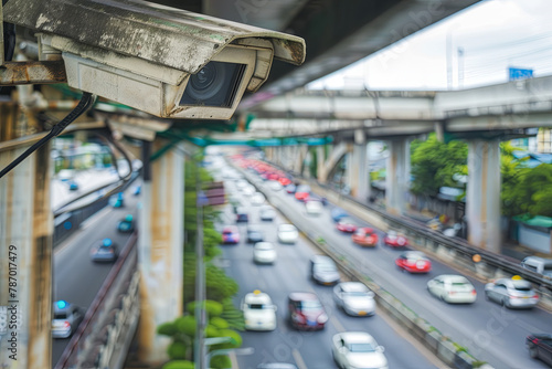CCTV cameras on the overpass for recording on the road for safety and traffic violations 