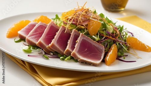 Seared tuna with asian crunchy salad with oranges served with vinaigrette sauce