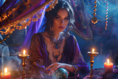 woman - fortune teller in a mystical style. fortune telling ball on the table. tarot cards, magic crystals. Advertising of occult, esoteric services. love spell, fortune telling, removing the evil eye