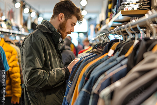 Customers and staff in a busy clothes shop

