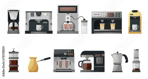 Espresso coffee machines. Vintage automatic and manual coffee makers, french press, moka, turkish cezve, grinder and kettle. Vector isolated set. Equipment for beverage making, pouring drink