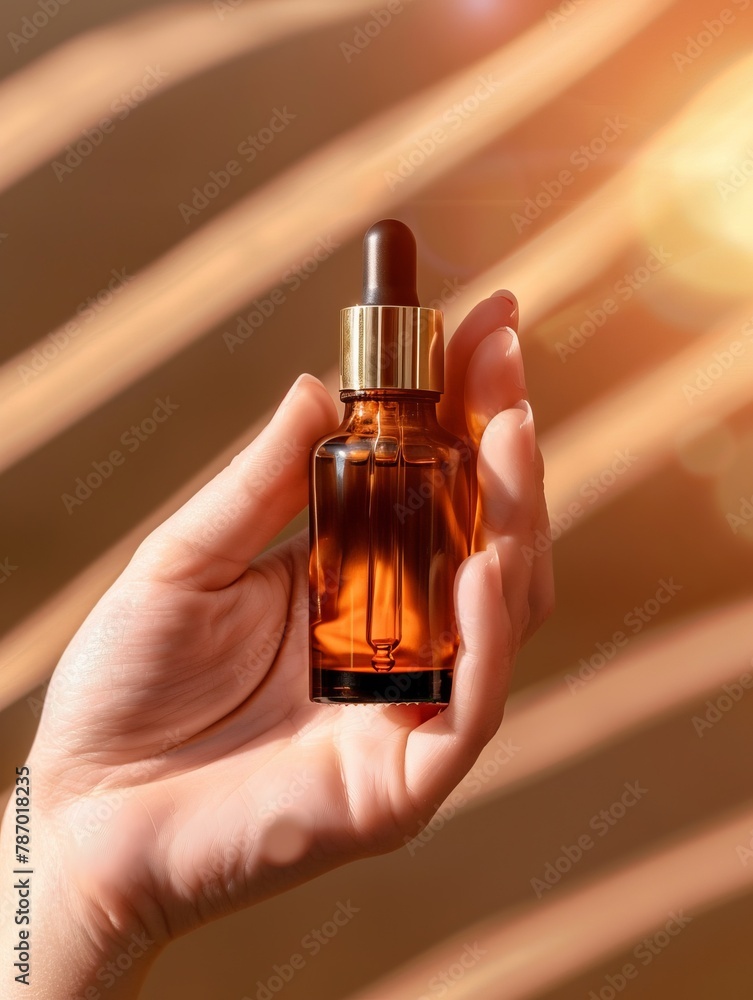A woman's hand holds a cosmetic serum bottle. Organic beauty products concept. Mock up for advertising cosmetic and medical products A woman's hand holds a cosmetic serum bottle. Organic beauty products concept. Mock up for advertising cosmetic and medical products