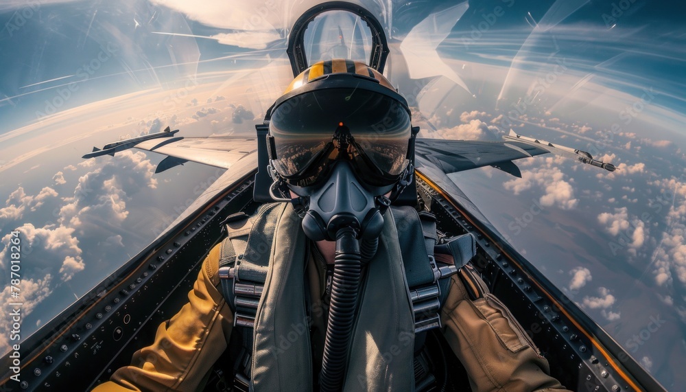 Fighter pilot in cockpit aerial view