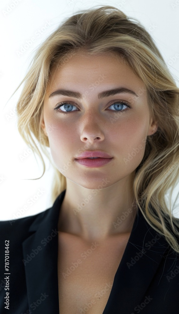 Close-up of a beautiful blonde businesswoman with striking blue eyes, isolated on a light background Close-up of a beautiful blonde businesswoman with striking blue eyes, isolated on a light background