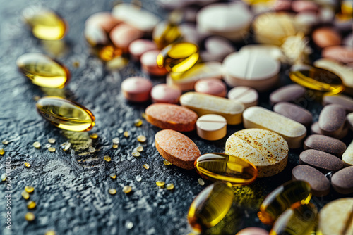 pills and multivitamins on a dark background, closeup
 photo