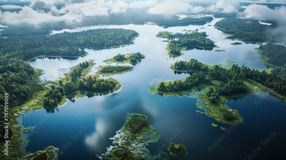 Aerial view of the system of lakes with islands