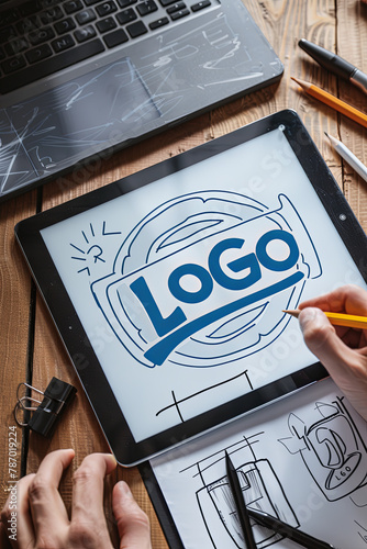 logo design brand designer sketch graphic drawing creative creativity draw studying work tablet concept - stock image , with writing 