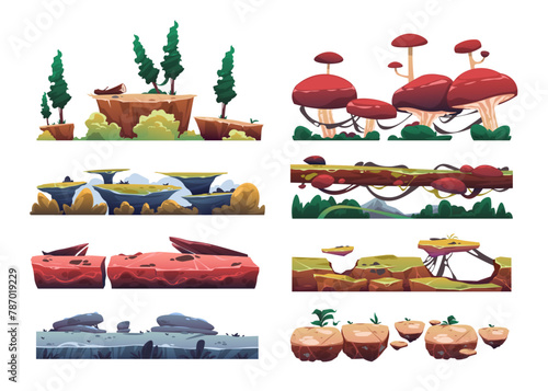 Cartoon game level surface. Ground and floor asset for game UI, sand, grass, dirt, swamp, lava, stone, ice, snow, water. Vector environment asset. Horizontal flat nature isolated set
