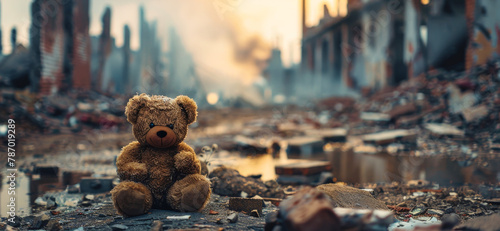 Teddy Bear Toy over Burned City Destruction, War Aftermath against Children Peace Innocence, Earthquake Fire Smoke, World Conflict