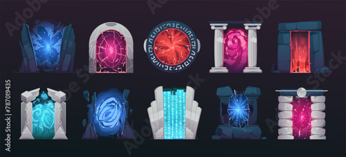 Cartoon game portal. Magic vortex tunnel archway frame, fantasy fairy entrance and exit way, fantasy adventure game asset. Vector isolated set. Futuristic space, mystic teleportation