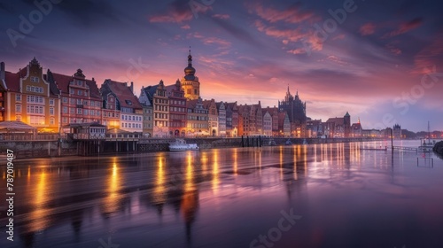 Beautiful Gdansk over the Motlawa river at dusk. Poland