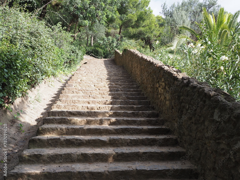 Stony stairs in park guell of European city of Barcelona in Spain Stony stairs in park guell of European city of Barcelona in Spain