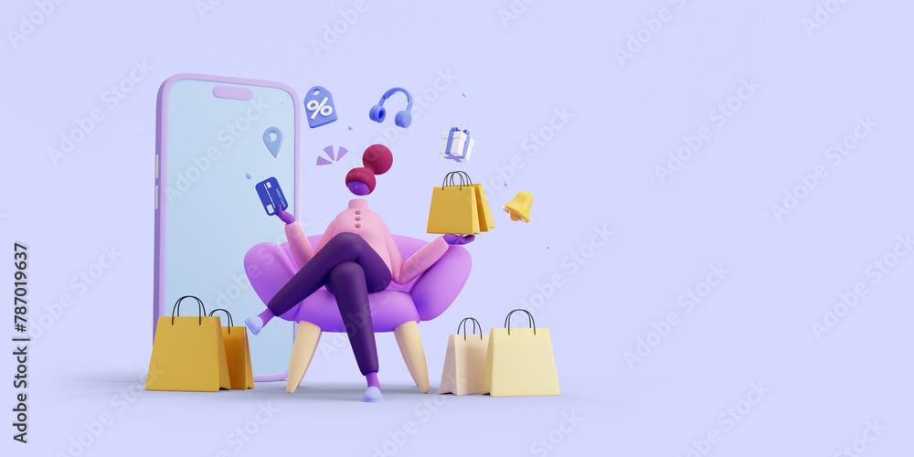 3D illustration. Woman sitting on a sofa holding a bag and a credit card. Online shopping concept. Isolated on purple background.