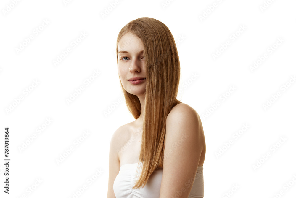 Portrait of confident, beautiful young woman looking at camera demonstrating her long, healthy hair against white studio background. Concept of natural beauty, organic cosmetic, procedures, hair-care. Portrait of confident, beautiful young woman looking at camera demonstrating her long, healthy hair against white studio background. Concept of natural beauty, organic cosmetic, procedures, hair-care.