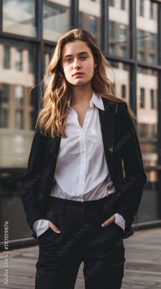A young woman wearing a classic business suit, standing confidently with her hands in her pockets in an urban setting. A young woman wearing a classic business suit, standing confidently with her hands in her pockets in an urban setting.