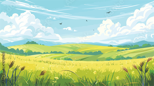Green summer field on sunny day. Vector cartoon illustration