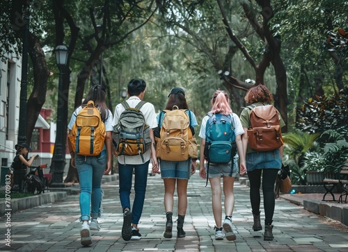 rear view of a group of teenagers walking towards campus