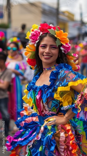 A young woman in a colorful carnival costume, dancing in a street parade. 