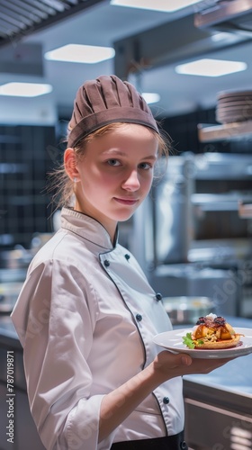A young woman in a professional chef s uniform  confidently holding a gourmet dish in a professional kitchen. 