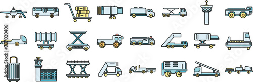 Airport ground support service icons set outline vector. Cargo aero. Tail airplane thin line color flat on white