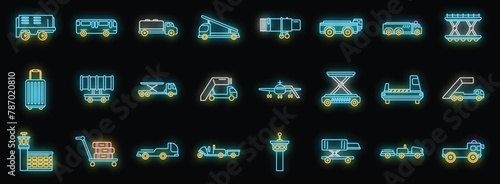 Airport ground support service icons set outline vector. Cargo aero. Tail airplane neon color on black photo