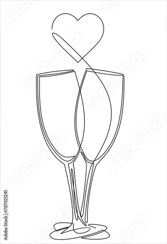 Continuous one line drawing of cheers two glasses with champagne and heart. Romantic toast concept in linear style isolated on white background. Vector illustration