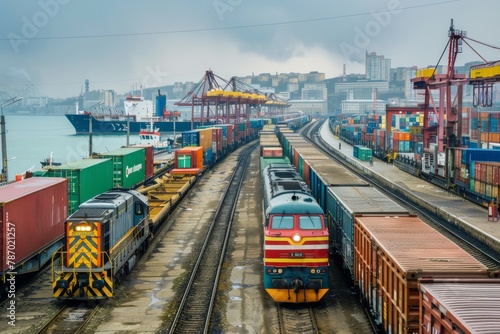 industrial trains carry goods, sea port view with lots on contenas.