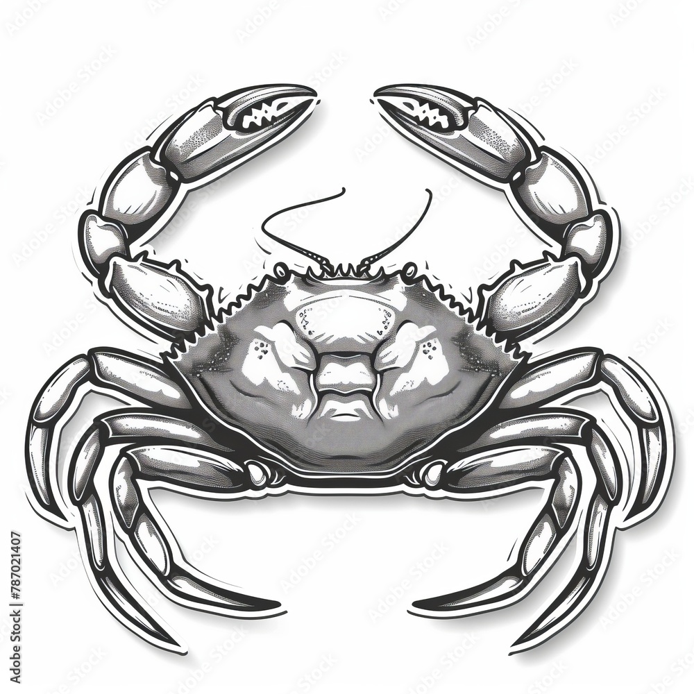 A black and white drawing of a crab with its claws up - obrazy, fototapety, plakaty 