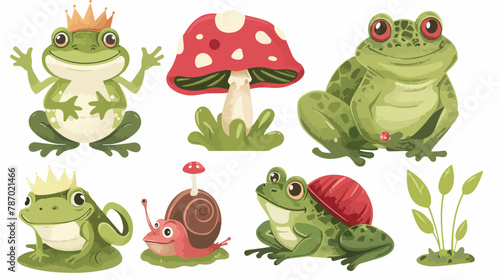 Set of cute Frogs. Frog with crown sitting on a red mu