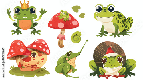 Set of cute Frogs. Frog with crown sitting on a red mu