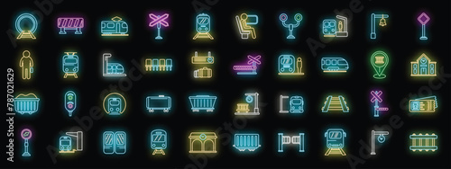 Railway platform icons set outline vector. Locomotive subway. Barrier chopper neon color on black
