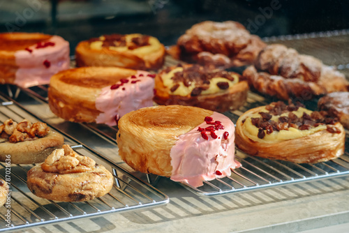 Close-up of fresh and beautiful french pastries in a bakery showcase