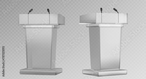 Glass transparent pulpit with microphone for speech or conference concept. Realistic 3d vector illustration set of lecture podium mockup for debate or press conference. Tribune or rostrum stand.