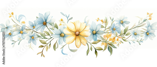 a watercolor painting of a flower border with blue and yellow flowers © Masum