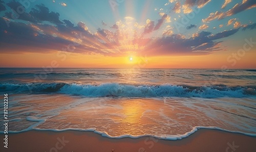 AI generated illustration of a sunrise on a sandy beach at sunset with ocean waves © Wirestock