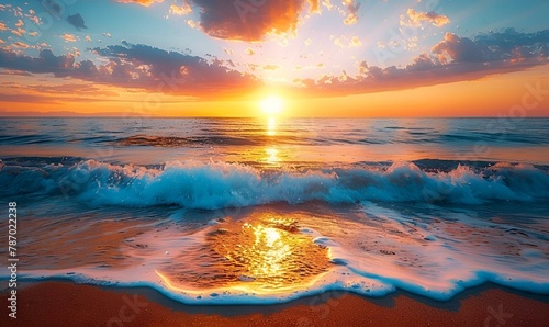 AI generated illustration of a sunrise on a sandy beach at sunset with ocean waves