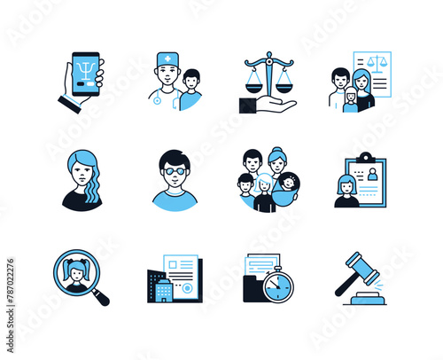 Court family cases - line design style icons set with editable stroke. Adoption, care, parenthood, pediatrician, documents for the child, support and judicial legal system. Different generations