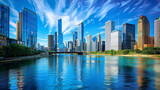 Picture the urban sophistication of a skyline featuring reflective glass skyscrapers and office buildings against a canvas of clear blue sky and wispy clouds. 