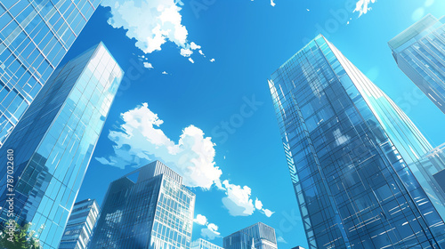 Picture the urban sophistication of a skyline featuring reflective glass skyscrapers and office buildings against a canvas of clear blue sky and wispy clouds. 