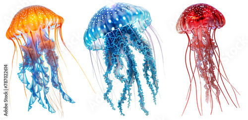 Colourful jellyfish bundle (orange, blue and red), isolated on a white background photo
