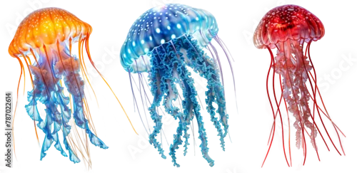 Obraz Colourful jellyfish bundle (orange, blue and red), isolated on a white background